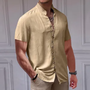 Macro detail of men's retro linen short sleeve shirt with stand collar and buttons