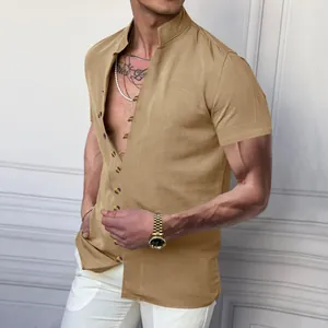 Detail view of khaki retro linen shirt for men with stand collar and buttons