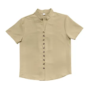 Vintage men's khaki linen short sleeve shirt with stand collar and button detail