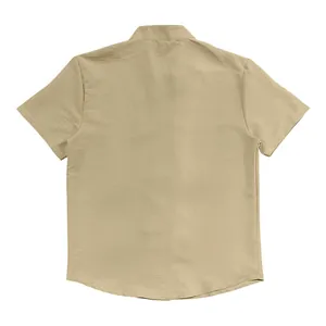 Detailed back view of a men's vintage khaki linen short-sleeve shirt with standing collar