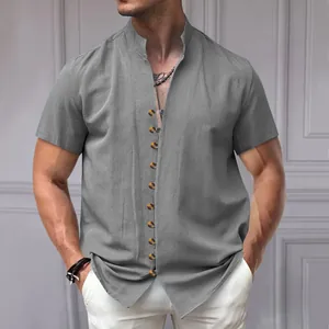 Close-up of the vintage grey linen-style short-sleeved shirt with stand-up collar.