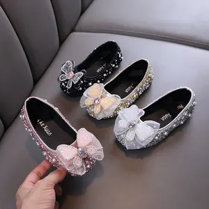 Chaussures de Princesse en Strass pour Filles Perles Artificielles Nœud en Dentelle Chaussures de Soirée Danse Mariage Ballerines Mary Jane