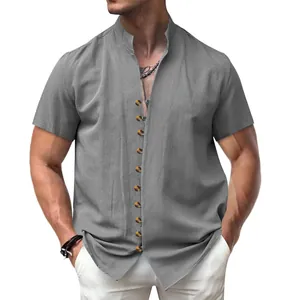 Close-up of a men's grey linen-style shirt showing the unique button detail and collar