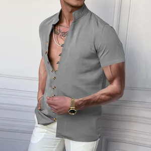 Close-up view of a men's retro linen short sleeve shirt with stand collar in grey