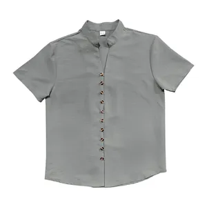 Grey men's retro linen short sleeve shirt with mandarin collar and wood-style buttons