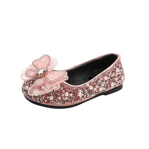 Chaussures de princesse rose pailleté pour filles avec strass et perles pour fêtes