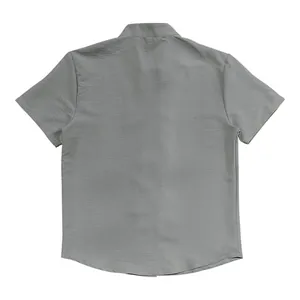 Detailed back view of a grey vintage linen short sleeve shirt with a stylish standing collar