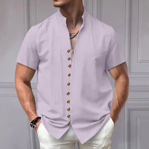 Detail view of retro lavender linen shirt with stand collar and button front for men