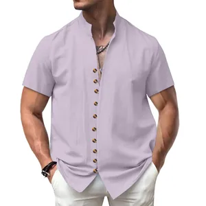 Detailed view of lavender vintage linen men's shirt with stand collar and buttons