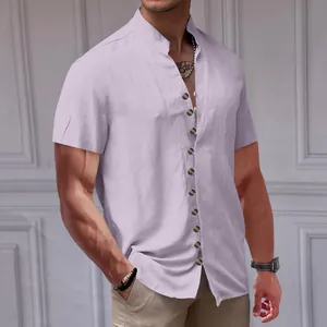 Detail view of a men's vintage lavender linen shirt with stand collar and buttons