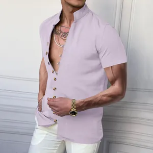 Close-up detail of men's lavender linen shirt with vintage stand collar and button accents