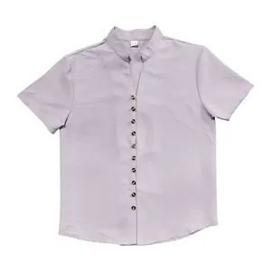 Light purple men's linen short sleeve shirt with stand collar and retro buttons style