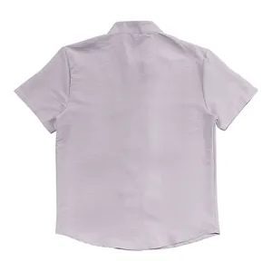 Back view of men's vintage lavender linen shirt with stand collar and textured fabric