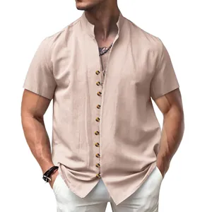 Vintage beige men's linen short-sleeved shirt featuring a stand collar and button-up detail