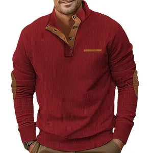 Men's casual red corduroy sweatshirt with stand collar and elbow patches