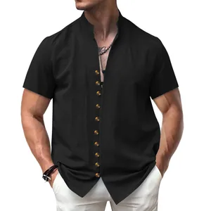 Men's retro black linen short sleeve shirt featuring a stand collar and multi-button front