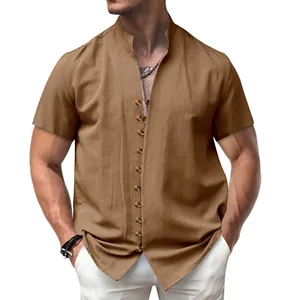 Premium men's vintage brown linen shirt featuring a stand collar and button closure