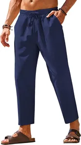 Men's navy blue linen casual trousers with elastic drawstring waist for summer beach yoga