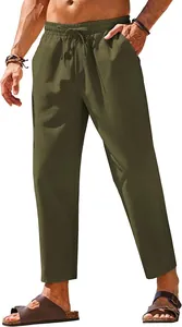 Lightweight olive green linen casual pants for men featuring elastic drawstring waist