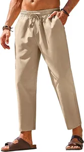 Detail of men's casual linen pants with adjustable drawstring waist for summer beach wear