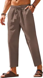 Close-up detail of brown men's linen casual pants with drawstring elastic waist