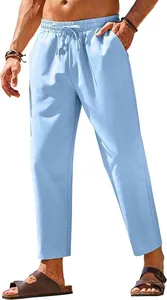 Full view detail of men's light blue linen casual pants with elastic drawstring waist