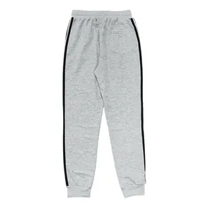 Back view of grey men's joggers with double black side stripes on white background.