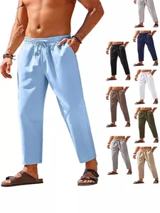 Men Casual Linen Pants Breathable Summer Beach Yoga Bottom Loose Elastic Waist Drawstring Straight Leg Trousers Urban Men Clothing