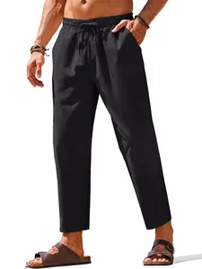Men's casual black linen pants with drawstring elastic waist for summer beach yoga