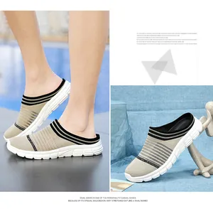 Detailed view of breathable fly-knit slip-on casual slippers with thick white sole