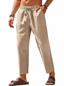 Men's breathable linen casual pants with elastic drawstring waist for beach yoga
