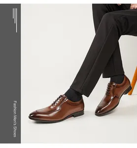 Detailed side view of brown genuine leather men's Oxford shoes in a business style.
