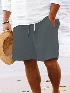 Men's beach leisure shorts featuring grey vertical stripes and drawstring waist