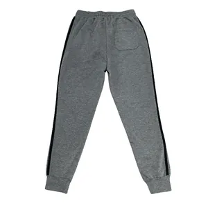 Back view of grey joggers with double black side stripes and cuffed ankles