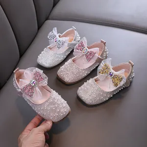 Girls Princess PU Leather Flats With Rhinestone Bowknot Artificial Pearl Embellishment Non-Slip Dance Performance Shoes For Kids