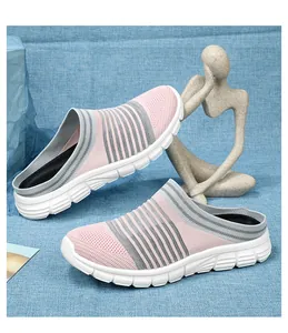 Pink and grey striped fly-knit slip-on sneakers for casual summer wear lightweight mules