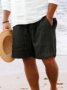Men's casual black beach shorts with vertical stripe jacquard texture and drawstring