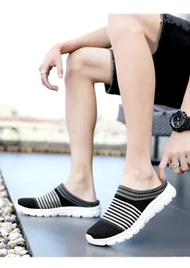 Men's lightweight breathable fly-knit casual striped half-slippers for summer leisure