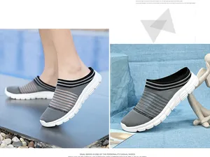 Detail view of breathable grey fly-knit slip-on mules shoes for casual summer wear