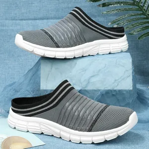Lightweight breathable knitted slip-on mules for men and women in gray and white