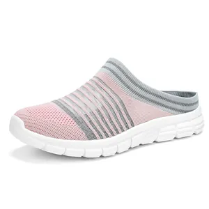 Breathable pink and grey fly-knit closed-toe mules for women with lightweight sole