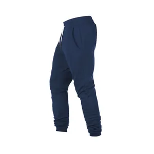 Vista lateral de pantalones deportivos azul marino para hombre con cordón y detalles.