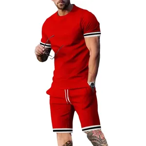 Ensemble de sport d'été rouge pour homme comprenant un T-shirt rayé et un short