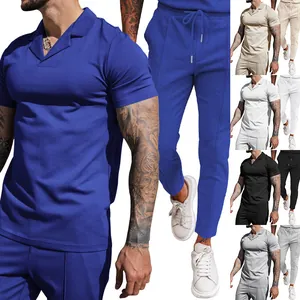 Heren wafelgebreide 2-delige set met V-hals shirt en broek in vijf verschillende kleuren