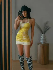 Elegant yellow and white tie-dye halter backless bodycon mini dress summer style