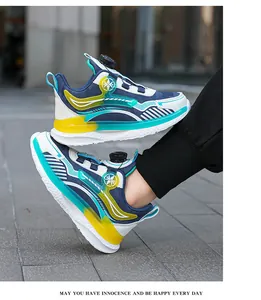Kinder-Sportschuhe mit Drehverschluss und leuchtend blauen und gelben Akzenten.