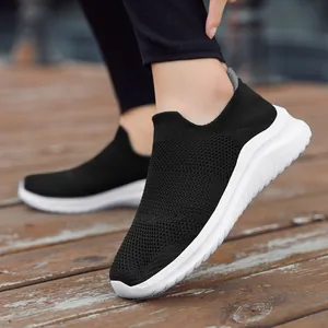 Black flying woven slip-on sock sneakers with breathable mesh for casual sports