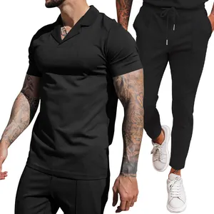 Heren zwarte wafelbrei set met korte mouwen V-hals shirt en bijpassende broek