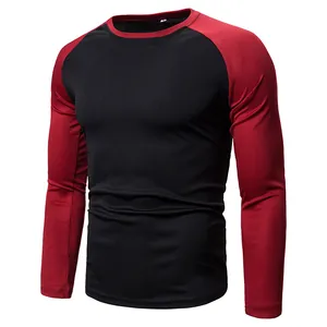 Men's raglan long sleeve T-shirt in black and burgundy red, ghost mannequin studio shot