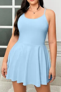 Light blue plus size camisole dress with flared skirt shown on model for daily wear